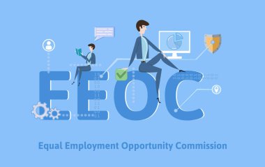 EEOC, eşit istihdam fırsatı Komisyonu. Kavram tablo anahtar kelimeler, harf ve simgeler. Mavi arka plan üzerinde renkli düz vektör çizim.