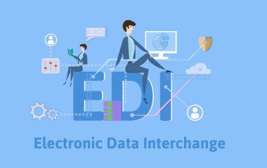EDI, elektronik veri değişimi. Kavram tablo anahtar kelimeler, harf ve simgeler. Mavi arka plan üzerinde renkli düz vektör çizim.