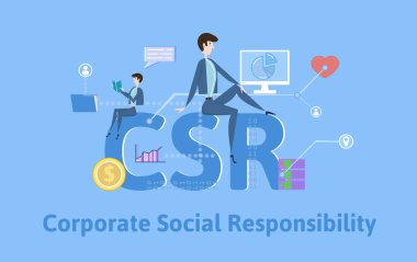 CSR, kurumsal sosyal sorumluluk. Kavram tablo anahtar kelimeler, harf ve simgeler. Mavi arka plan üzerinde renkli düz vektör çizim.