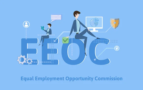 EEOC, rovné pracovní příležitosti Komise. Koncept tabulka s klíčová slova, písmena a ikony. Barevný plochý vektorové ilustrace na modrém pozadí. — Stockový vektor
