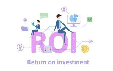 Yatırım getirisi, yatırımın geri dönüşü. Kavram tablo anahtar kelimeler, harf ve simgeler. Beyaz arka plan üzerinde renkli düz vektör çizim.