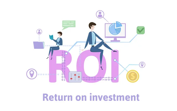 ROI, Return On Investment. Concept tabel met zoekwoorden, letters en iconen. Gekleurde platte vectorillustratie op witte achtergrond. — Stockvector