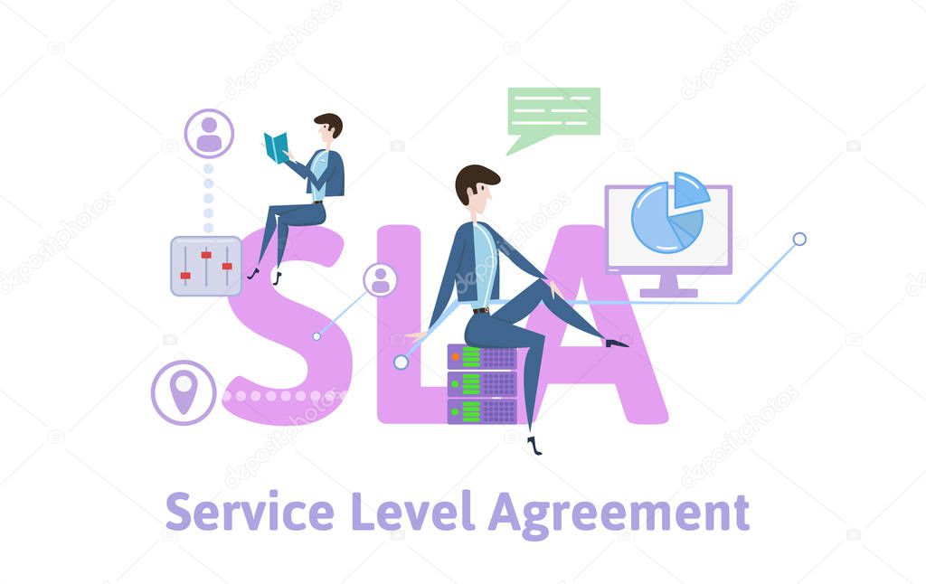 SLA, Service Level Agreement. Concept table with keywords, letters and icons. Colored flat vector illustration on white background.
