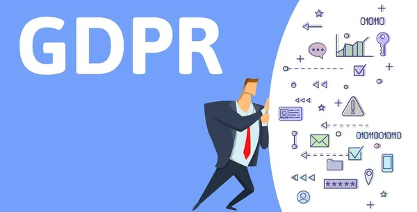 Gdpr, nařízení o ochraně údajů generála. Muž tlačí cloudových digitálních symbolů na modrém podkladu s Gdpr textem. Plochá vektorové ilustrace. Horizontální — Stockový vektor