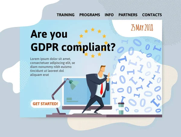 Gdpr. dane ogólne rozporządzenie o ochronie. Biznesmen pcha ogromne danych cyfrowych na office tabela. Czy na zgodne. Szablon projektu witryny sieci Web, plakat, nośników wydruku. Ilustracja wektorowa — Wektor stockowy