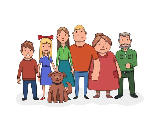 Šťastná rodina stojící pohromadě, přední pohled. Dědeček, Babička, otce, matky, děti a psa. Plochá vektorové ilustrace. Izolované na bílém pozadí. — Stockový vektor