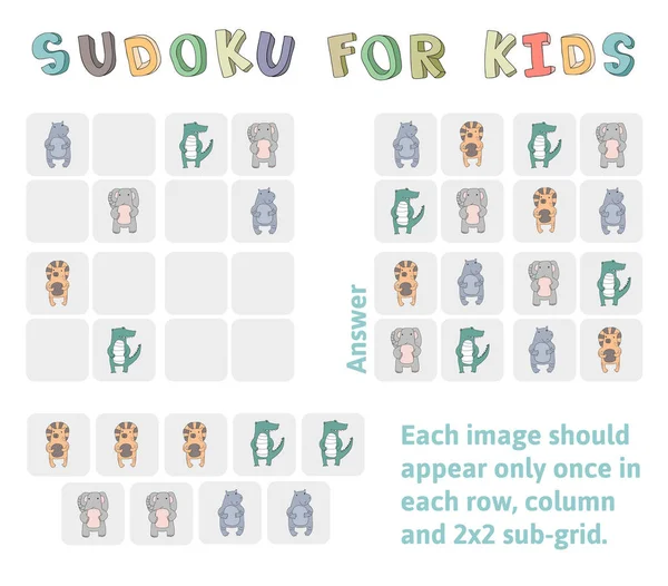 Sudoku gry dla dzieci z obrazkami. Aktywność dzieci arkusz z śmieszne zwierzęta. Logika gry edukacji. Ilustracja wektorowa — Wektor stockowy