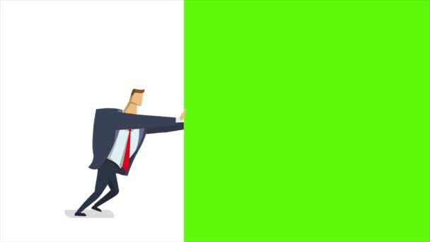 Businessman pushiung and chasing green screen away. Animated editing transition. Flat animation, isolated. — Stock Video