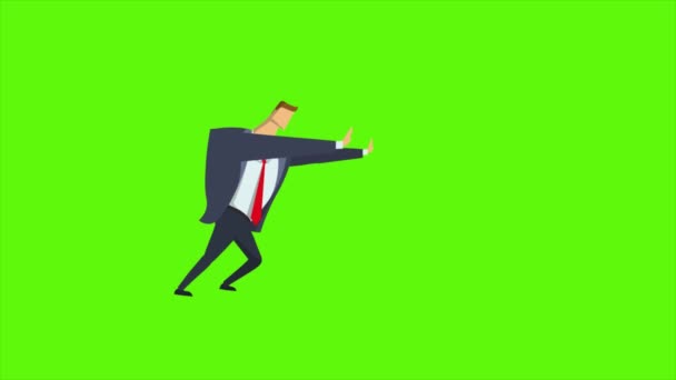 Businessman pushing on green screen. Animated flat character. Seamless loop animation. — Stock Video