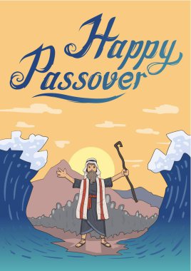 Moses separates sea for Passover holiday over mountain background. Exodus, Pesach card design template with lettering. Flat vector illustration. Vertical. clipart