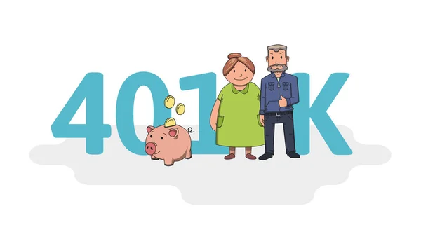 401K účet důchod, odchod do důchodu. Zkratka znaky, písmena a textů. Barevný plochý vektorové ilustrace na bílém pozadí — Stockový vektor