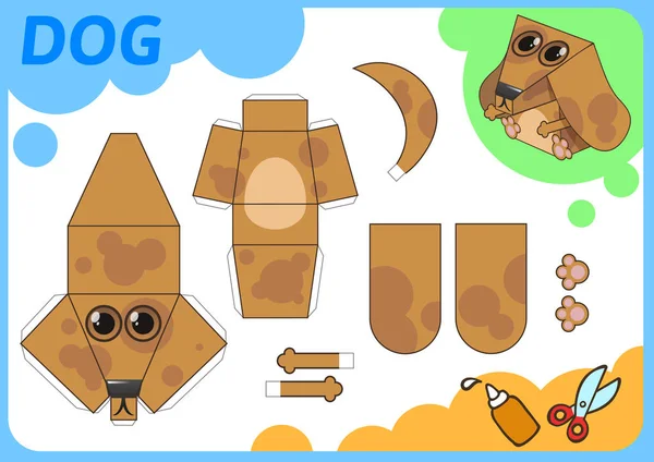 Modelo de papel de perro divertido. Pequeño proyecto de artesanía, juego de papel. Cortar, doblar y pegar. Recortes para niños. Plantilla vectorial . — Vector de stock