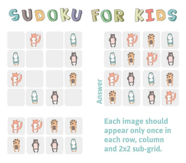Sudoku spel för barn med bilder. Barn aktivitet ark med roliga djur. Utbildning logikspel. Vektorillustration — Stock vektor