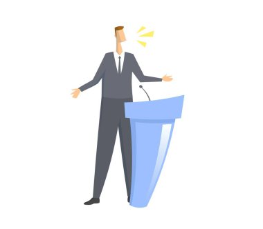 Speacker in front of microphone. Man giving speech behind the rostrum. Colorful flat vector illustration. Isolated on white background clipart