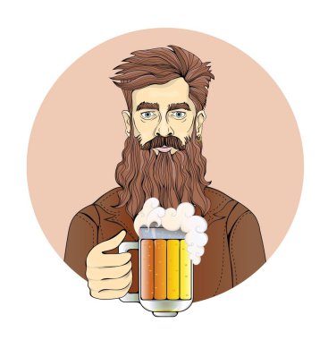 Bir bira bardağı tutan sakallı adam. Daire, sepya tonu bir adam portresi. Düz vektör çizim. Beyaz arka plan üzerinde izole