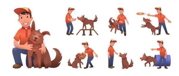 Gelukkig lachend jongen zijn grappige hond opleiding. Jongen en hond samenspelen. Aantal platte stripfiguren. Gekleurde platte vectorillustratie. Geïsoleerd op witte achtergrond — Stockvector