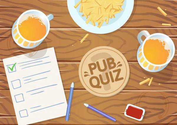 Quiz Night Pub Wooden Pub Table Quiz List Fries Beer — Stock Vector