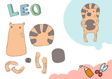 Komik Leo kağıt modeli. Küçük ev zanaat proje, DIY kağıt oyunu. Kes şunu ve yapıştırıcı. Çocuklar için kesik. Vektör şablonu