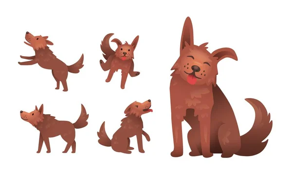 Divertido sonriente shaggy perro personaje jugando. Conjunto de gestos y poses. Ilustración vectorial plana. Aislado sobre fondo blanco . — Vector de stock