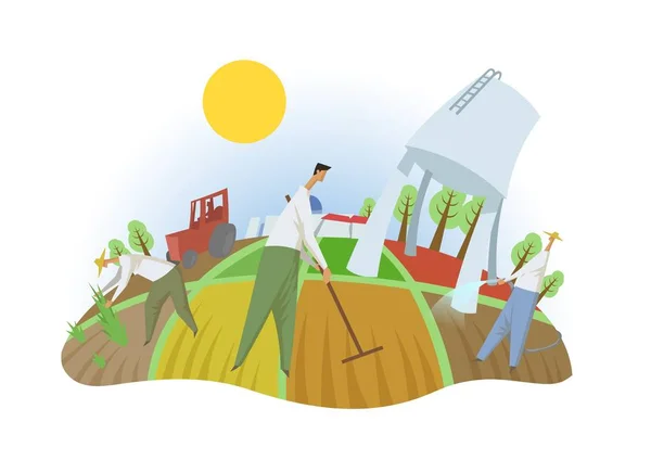 Gente trabajando en el campo, vista de ojo de pez. Agricultura, ecoturismo, kibutz. Ilustración colorida del vector plano. Aislado sobre fondo blanco — Vector de stock