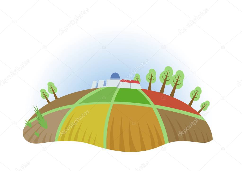 Farm field with trees and houses, fisheye view. Farming, ecotourism, kibbutz. Colorful flat vector illustration. Isolated on white background