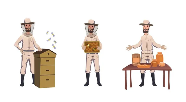 Μελισσοκομία και τη μελισσοκομία. Μελισσοκόμος, hiver συγκομιδή μελιού, ασχολούνται με μέλισσα-σπίτι, που πωλούν σπιτικό μέλι. Σύνολο χαρακτήρων. Πολύχρωμο διάνυσμα επίπεδη απεικόνιση. Απομονωμένα σε λευκό φόντο — Διανυσματικό Αρχείο