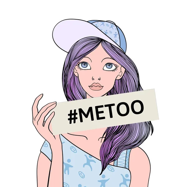 Jovencita triste sosteniendo un cartel de Metoo delante de ella. Hashtag MeToo movimiento social, anti-sexismo. Ilustración colorida del vector de línea sobre fondo blanco . — Vector de stock