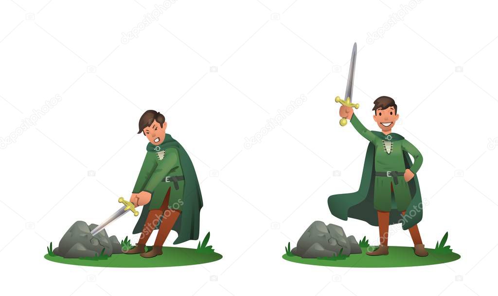 Young King Arthur withdrawing Excalibur of the stone and holding it above the head. Set of two postures, cartoon character. Flat vector illustration. Isolated on white background