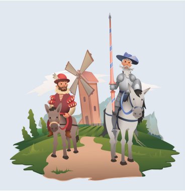 Don Kişot ve Sancho Panza yel değirmeni arka plan üzerinde sürme. Kitap karakter. Düz vektör çizim.