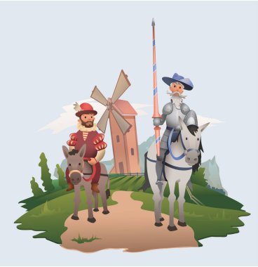 Don Quixote and Sancho Panza riding on windmill background. Book characters. Flat vector illustration. clipart