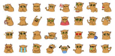 Etiket komik hamster karakter ile messenger için. İfadeler, emoji sohbetler için. Renkli karikatür etiket kümesi. Çizgi vektör çizim. Beyaz arka plan üzerinde izole.