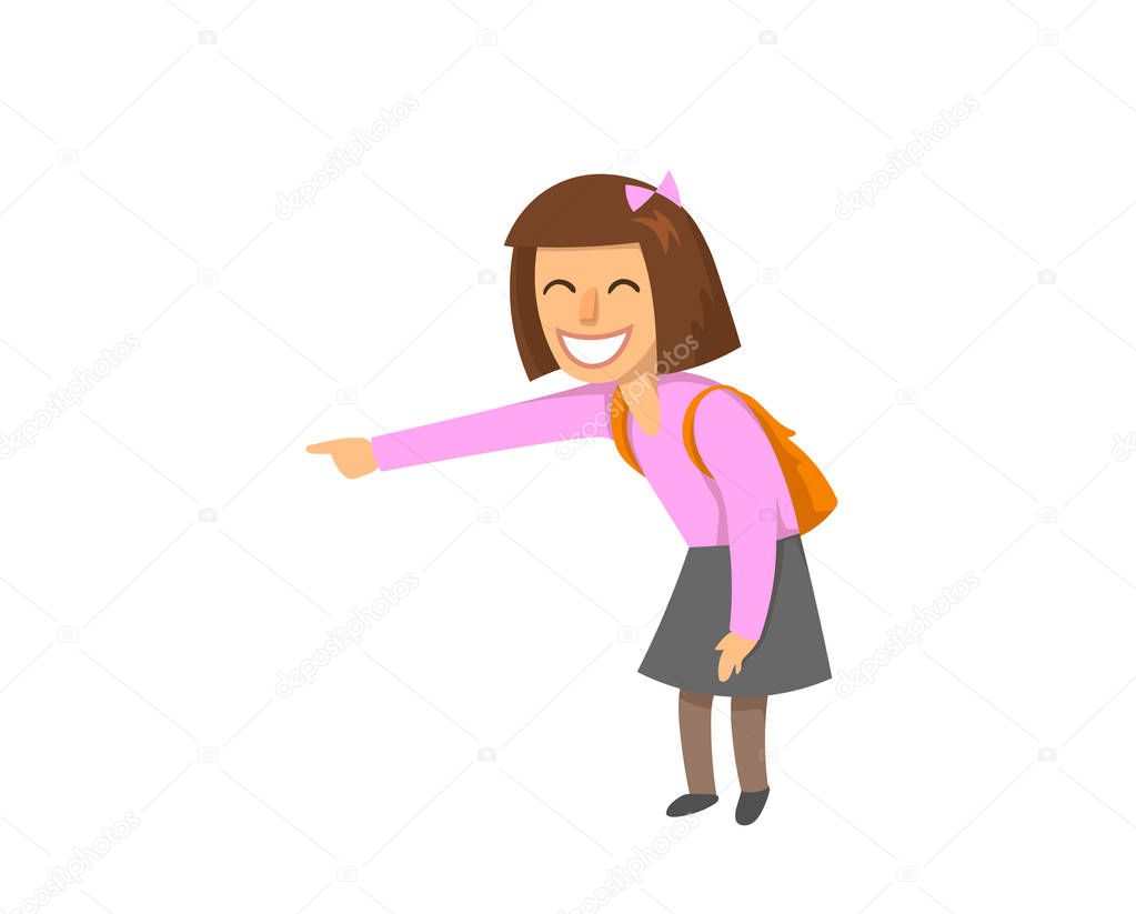 Funny laughing girl character with backpack. Schoolgirl with a wide smile pointing her finger at something. Flat vector illustration. Isolated on white background.
