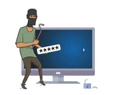 Maskeli soyguncu bir çektirmenin bilgisayar hack ile. Soyguncu kesmek bilgisayar parolası manivela çubuğu ile. Komik vektör çizim. Beyaz arka plan üzerinde izole