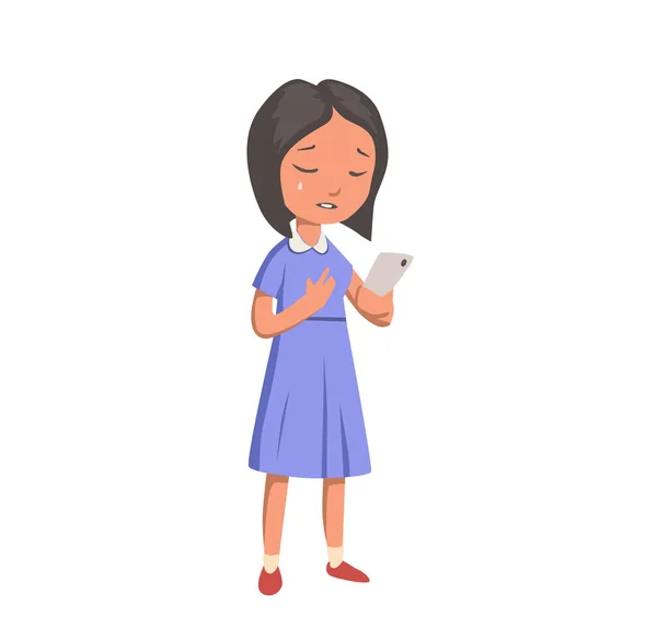 Плаче дівчина з телефоном. Дівчина в блакитній сукні. Плоска векторна ілюстрація. Ізольовані на білому тлі . — стоковий вектор