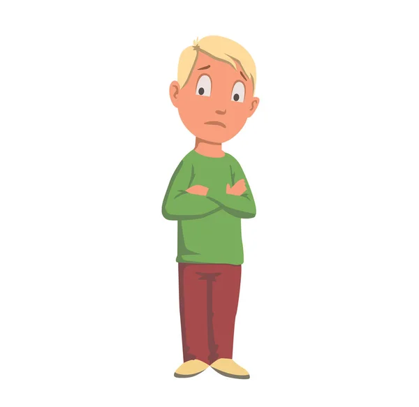 Niño en verde buscando confundido, adolescente carácter mano cruzada. Ilustración vectorial plana. Aislado sobre fondo blanco . — Vector de stock