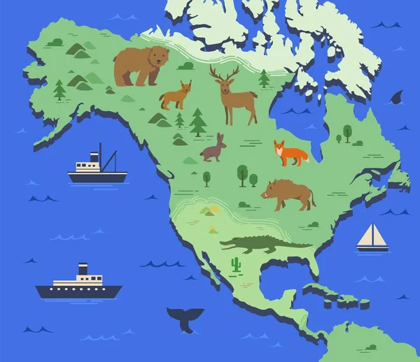 Gestileerde kaart van Noord-Amerika met inheemse dieren en natuur symbolen. Eenvoudige geografische kaart. Platte vectorillustratie — Stockvector