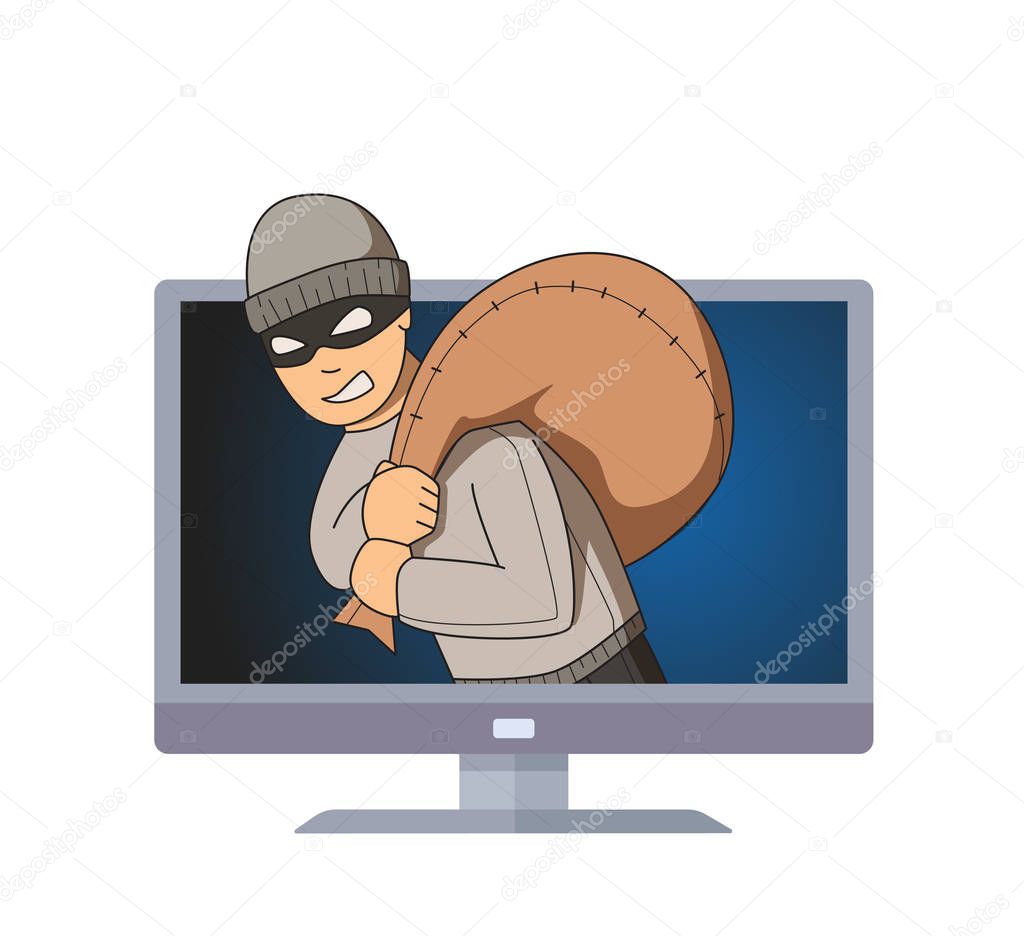 Masked burglar smiling in computer monitor with bag on his shoulder. Criminal on TV. Flat vector illustration. Isolated on white background