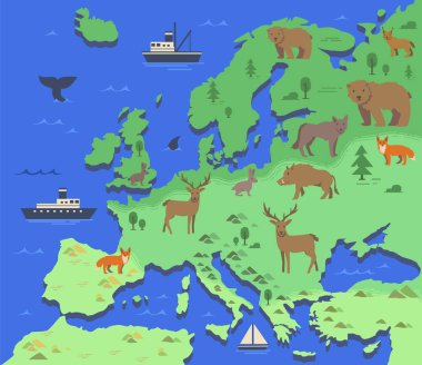 Avrupa stilize haritası ile yerli hayvan ve doğa sembolleri. Basit coğrafi harita. Düz vektör çizim