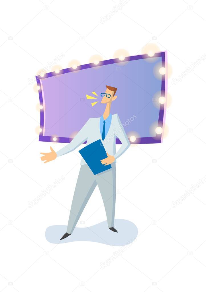 Entertainer, emcee, TV-show host in studio. Colored flat vector illustration. Isolated on white background