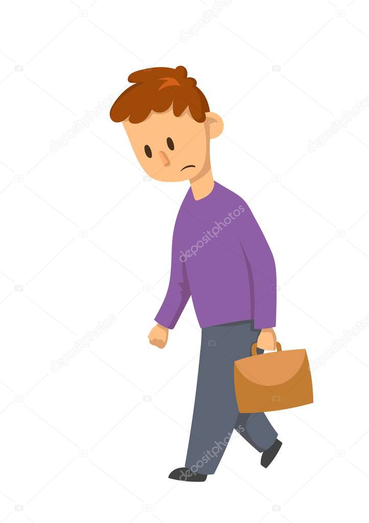 Unhappy schoolboy walking, sad kid character with a suitcase . Flat vector illustration. Isolated on white background.