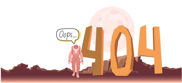 Αστροναύτης στη διαστημική στολή σε εξωγήινες έρημο φόντο. Σφάλμα μήνυμα 404 κείμενο προειδοποίησης. Ωχ 404 σελίδα λάθους, διάνυσμα πρότυπο για την ιστοσελίδα. Χρωματιστά επίπεδο διανυσματικά εικονογράφηση. Οριζόντια — Διανυσματικό Αρχείο