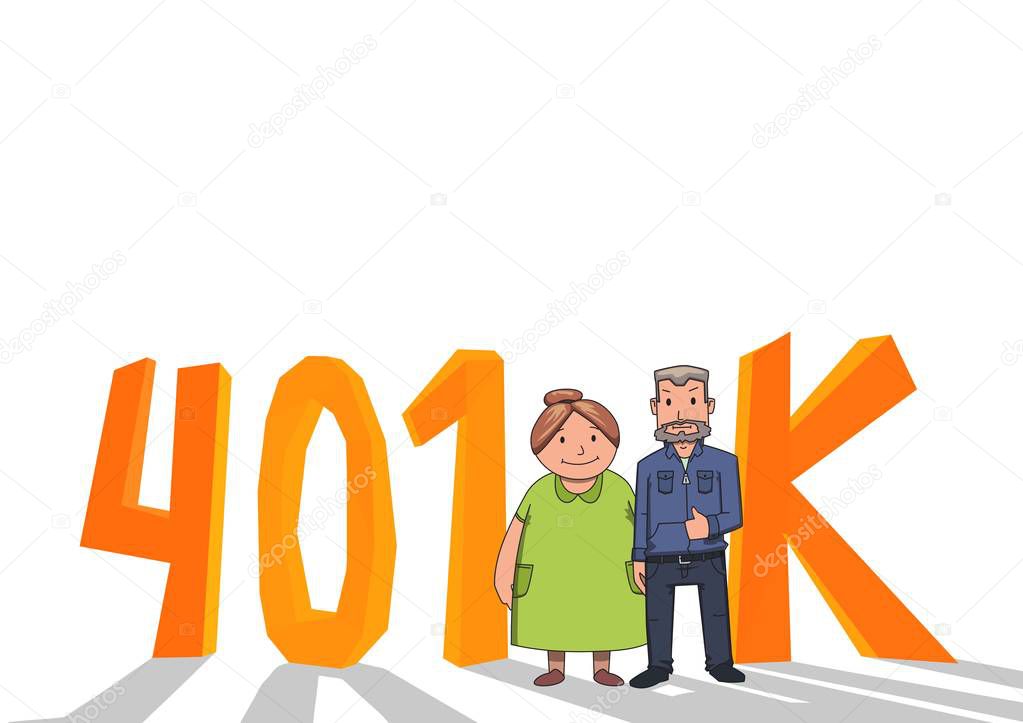401K pension account, retirement. Happy elderly couple in fron of letters acronym. Colored flat vector illustration. Isolated on white background.