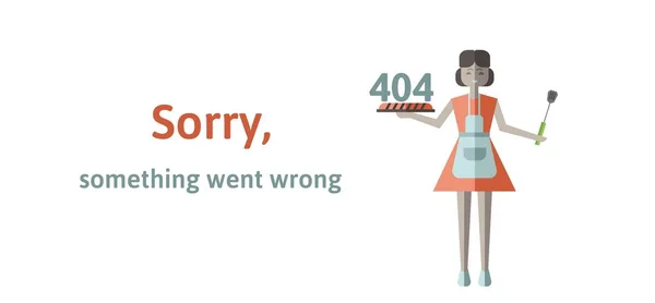 Улыбающаяся домохозяйка с 404 цифрами на тарелке. Прости, что что-то пошло не так. Oops 404 error page, vector template for website. Цветная плоская векторная иллюстрация. Горизонтальный, изолированный на белом фоне — стоковый вектор