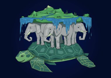 Antik dünya modeli, efsanevi düz Earth kavramı. Filler ve kaplumbağa üzerinde dinlenme Diskworld. Düz çizgi vektör çizim. Siyah arka plan üzerine izole renkli karikatür tarzı.