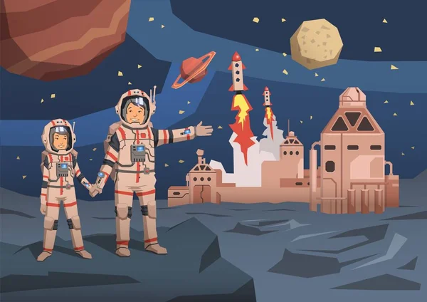 Para astronautów, obserwując planetę z miejsca Kolonii i uruchomienie statki na tle. Miejsce podróży koncepcja. Ilustracja wektorowa płaski. Poziome. — Wektor stockowy