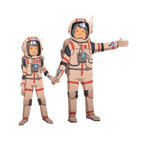 Чоловік і жінка в космічних костюмах тримають руки. Пара астронавтів, голодний космос подорожує. Плоска векторна ілюстрація. Ізольовані на білому тлі . — стоковий вектор