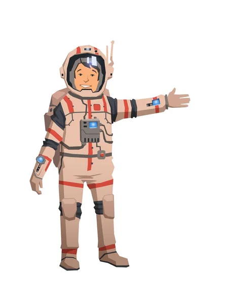 Astronaut in space suit pointing out. Flat vector illustration. Isolated on white background. — Stock Vector