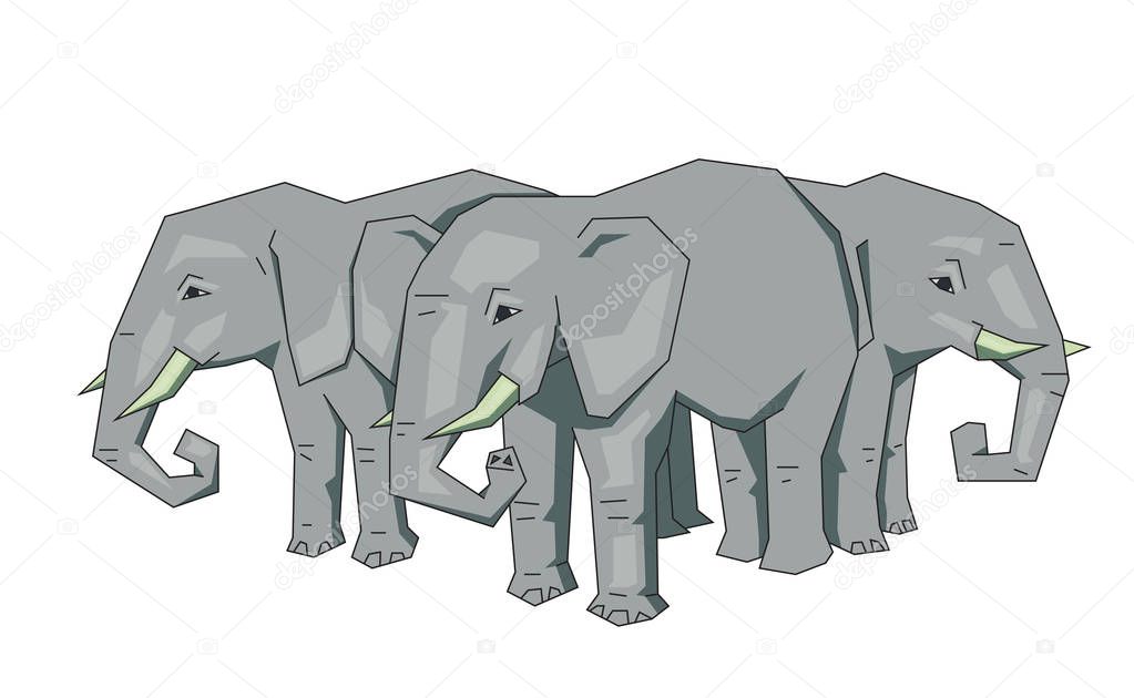 Tree elephants, mythical flat Earth concept. Flat line vector illustration. Colored cartoon style, isolated on white background.