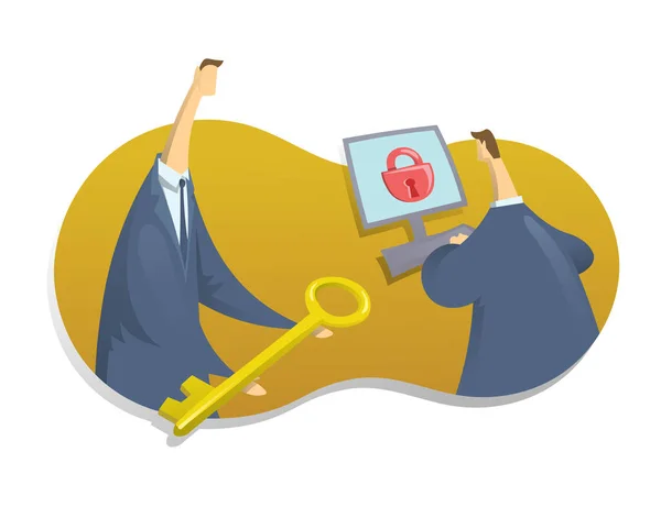 Concept on the topic of cybersecurity. One person gives to another a key to access the computer. Vector illustration isolated on white background. — Stock Vector