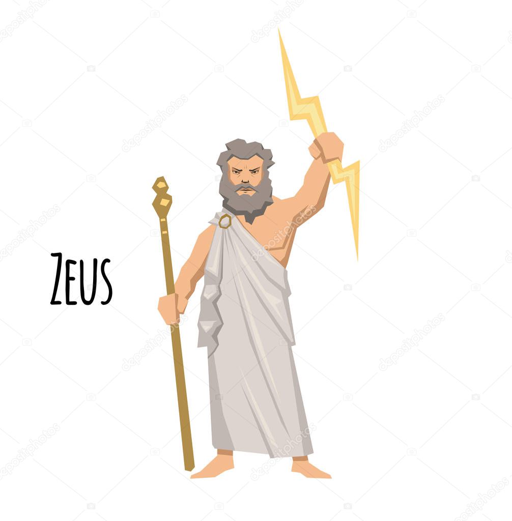 Zeus, the Father of Gods and men, ancient Greek god of sky. Mythology. Flat vector illustration. Isolated on white background.